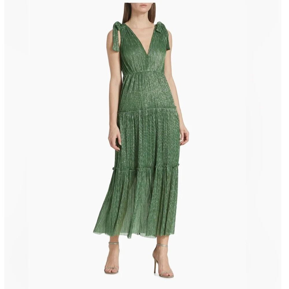 Sabina Musayev Helena Maxi Dress Basil Green Plisse Pleat Tie Shoulder SZ M